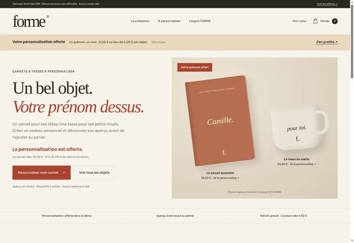 Accueil de la boutique FORME avec le carnet et la tasse personnalisables