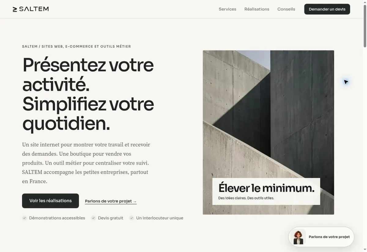 Accueil SALTEM avec son image d’architecture et ses liens vers les réalisations et le contact