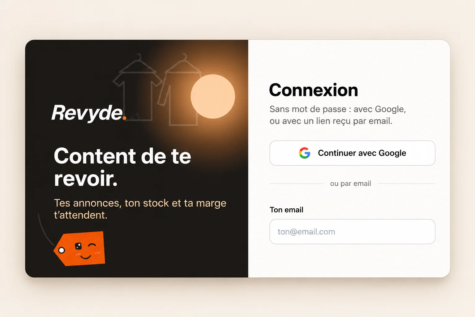 Présentation recomposée de l’écran de connexion Revyde : accueil sombre et formulaire clair